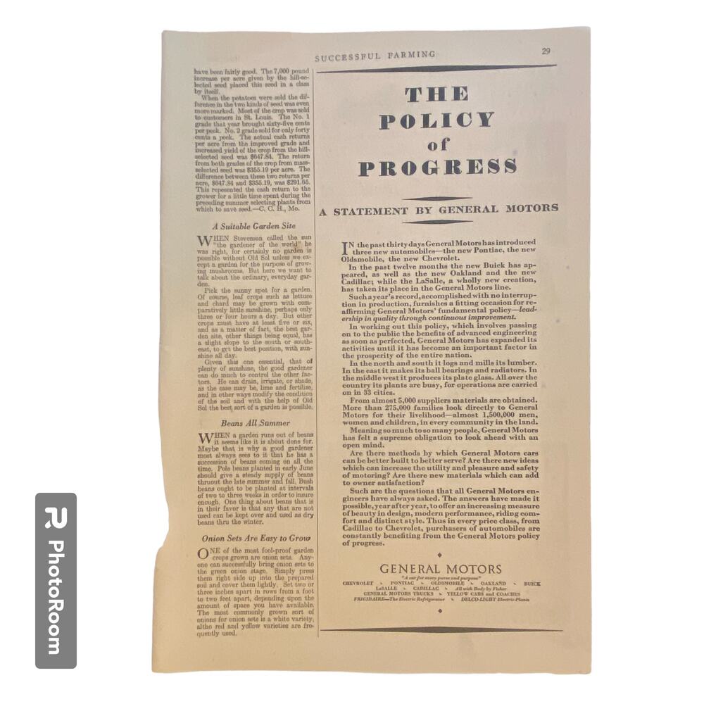Vtg General Motors Policy of Progress Print Advertisement March 1928 Frame Ready